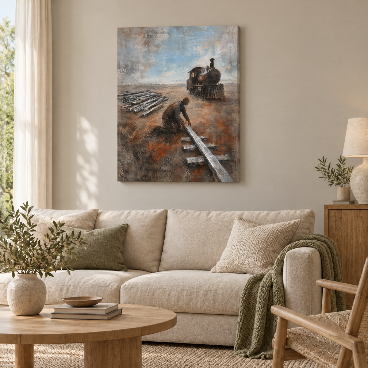 Die Bahn ohne Schienen – Rahmenlose Slim-Leinwand im Wohnzimmer, ohne Weißrand.