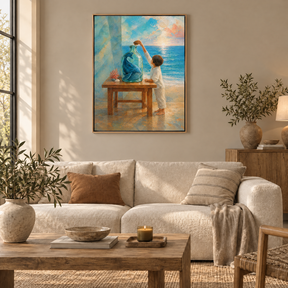 Der Wal im Glas – Leinwand im Naturholz-Schattenfugenrahmen im Wohnzimmer, ohne Weißrand.