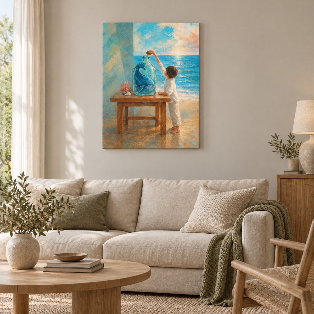 Der Wal im Glas – Rahmenlose Slim-Leinwand im Wohnzimmer, ohne Weißrand.