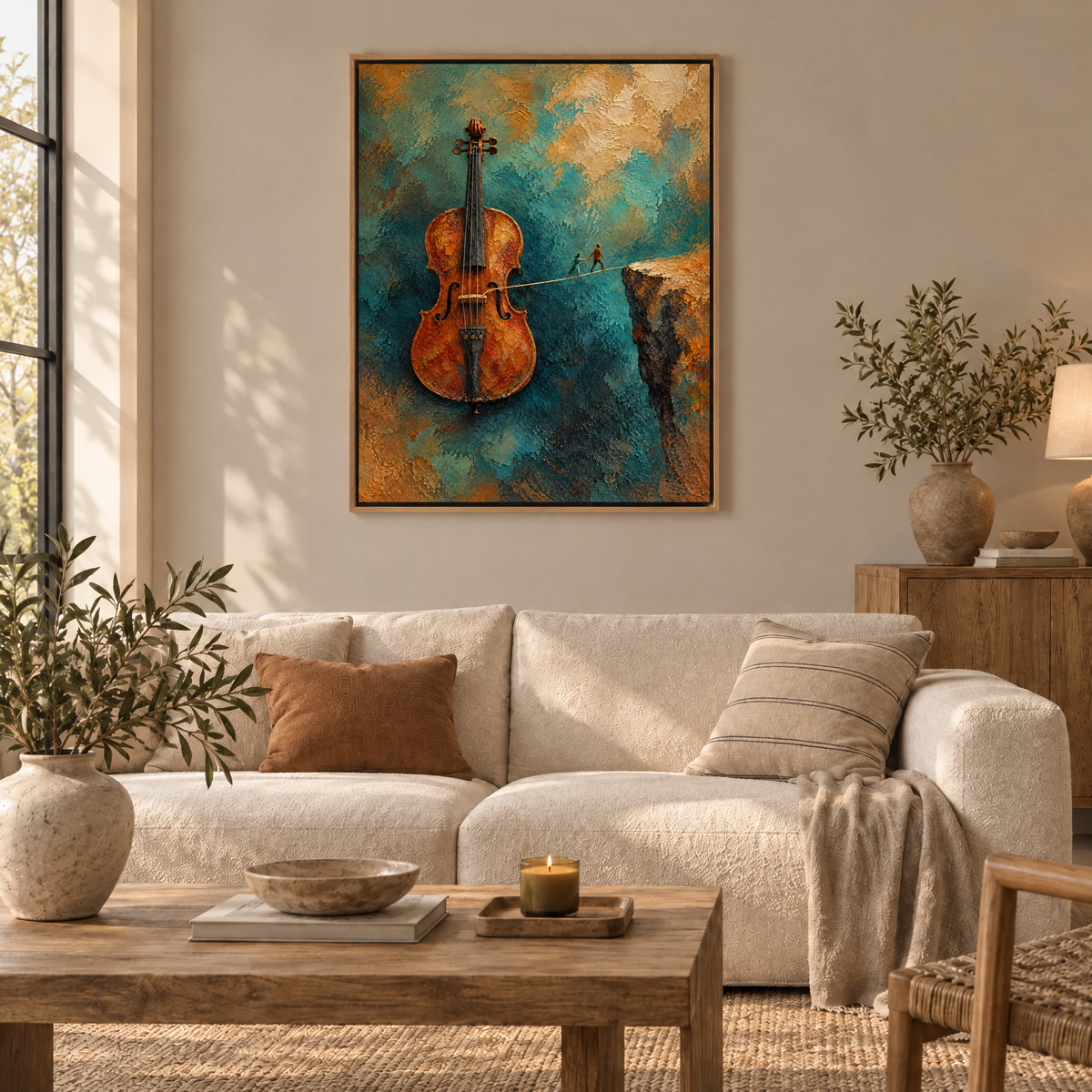 Die fehlende Saite – Leinwand im Naturholz-Schattenfugenrahmen im Wohnzimmer, ohne Weißrand.