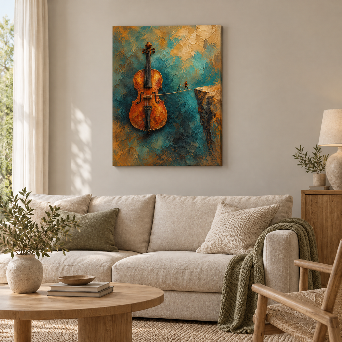 Die fehlende Saite – Rahmenlose Slim-Leinwand im Wohnzimmer, ohne Weißrand.