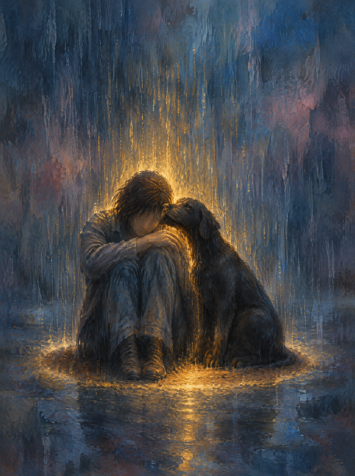 Der Hund im goldenen Regen – Kunstmotiv ohne Rahmen.
