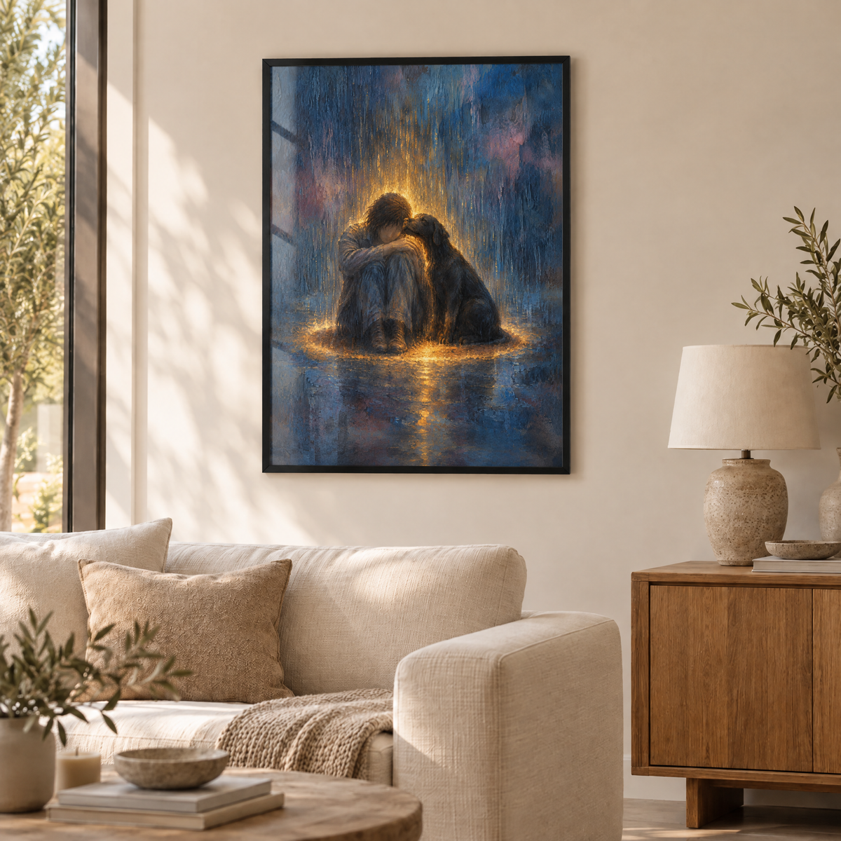 Der Hund im goldenen Regen – Poster im schwarzen Holzrahmen im Wohnzimmer, ohne Weißrand.