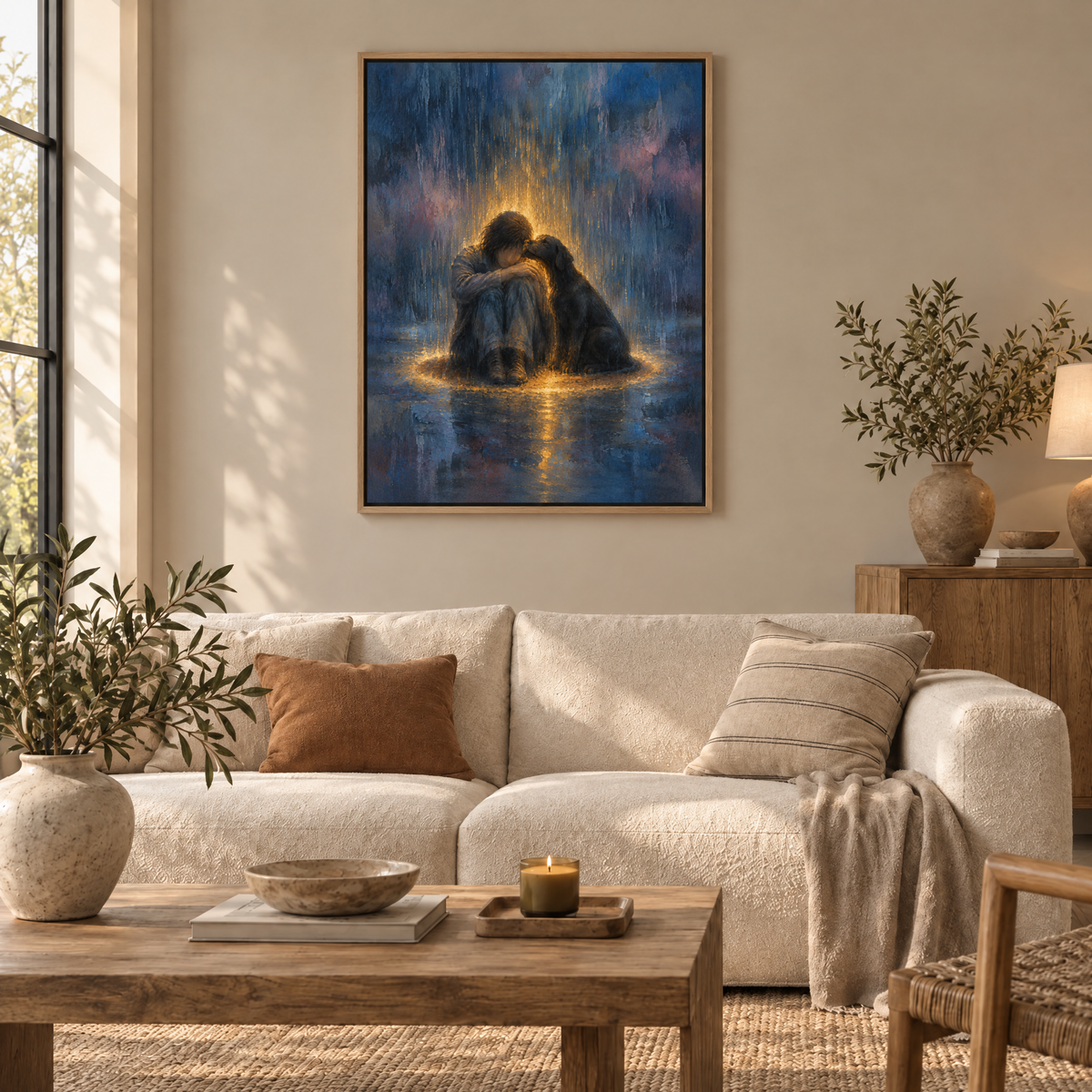 Der Hund im goldenen Regen – Leinwand im Naturholz-Schattenfugenrahmen im Wohnzimmer, ohne Weißrand.