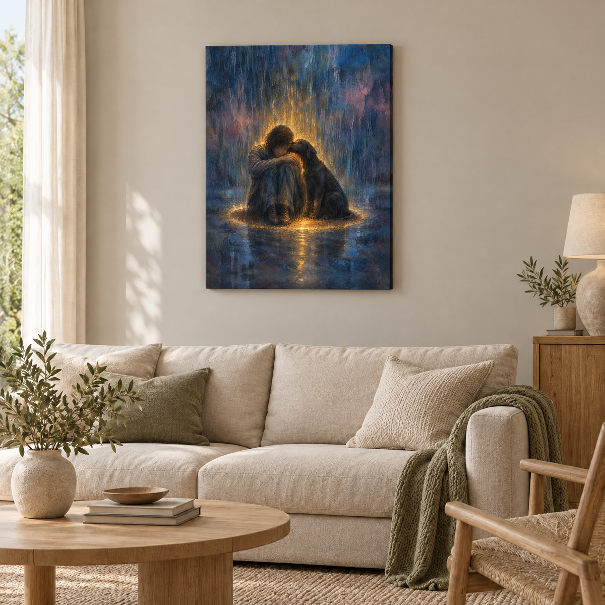 Der Hund im goldenen Regen – Rahmenlose Slim-Leinwand im Wohnzimmer, ohne Weißrand.