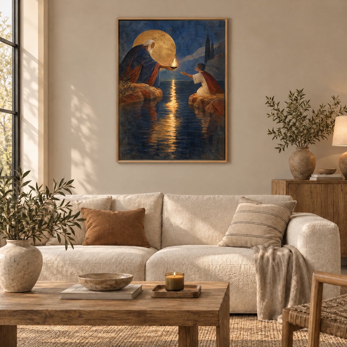 Die Flamme über dem Wasser – Leinwand im Naturholz-Schattenfugenrahmen im Wohnzimmer, ohne Weißrand.
