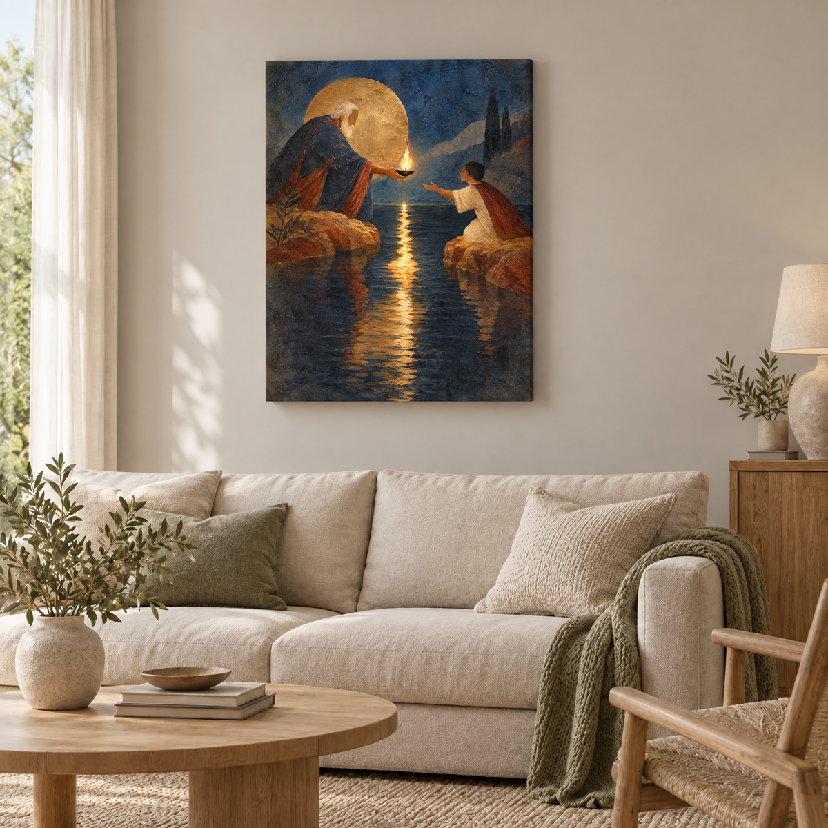 Die Flamme über dem Wasser – Rahmenlose Slim-Leinwand im Wohnzimmer, ohne Weißrand.