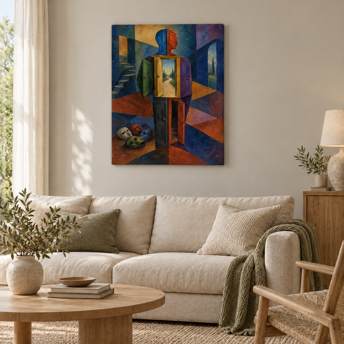 Das Haus der vielen Türen – Rahmenlose Slim-Leinwand im Wohnzimmer, ohne Weißrand.