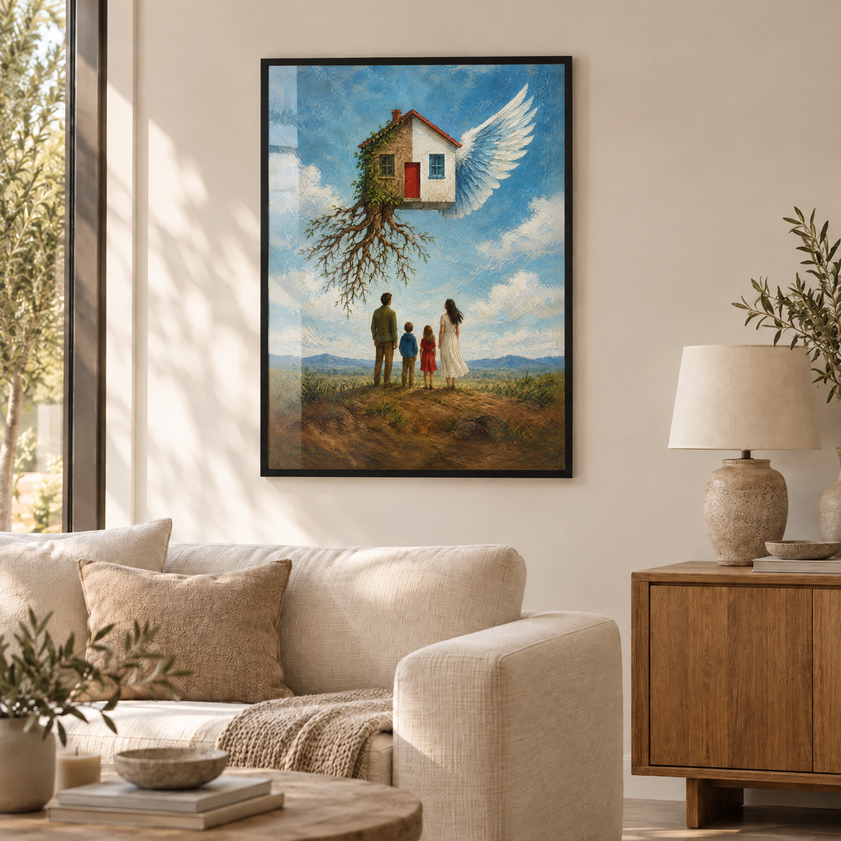 Wurzeln und Flügel – Poster im schwarzen Holzrahmen im Wohnzimmer, ohne Weißrand.