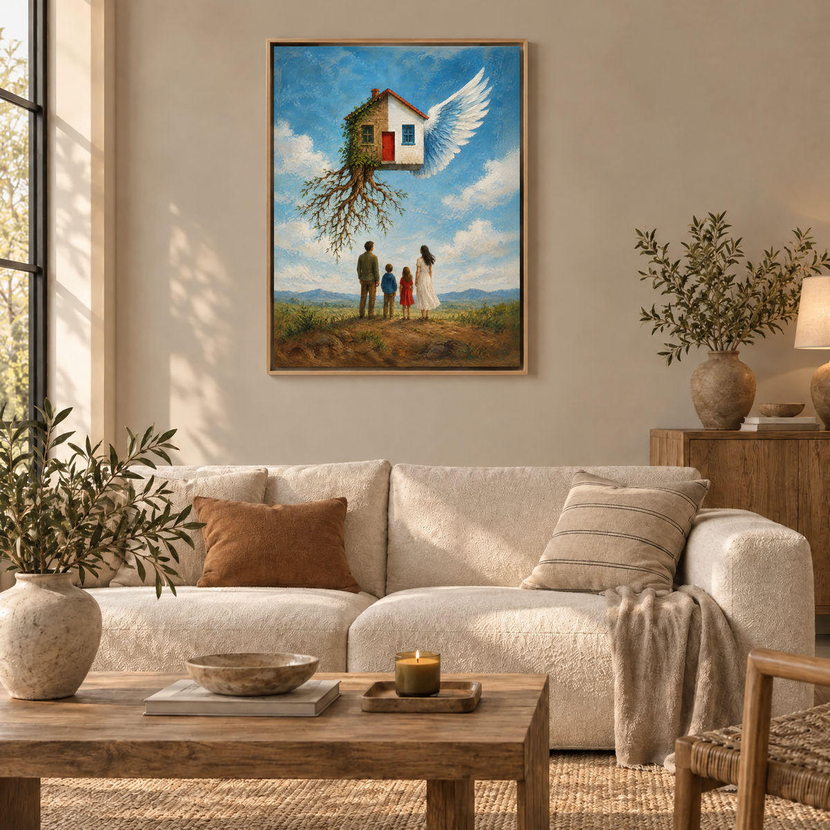 Wurzeln und Flügel – Leinwand im Naturholz-Schattenfugenrahmen im Wohnzimmer, ohne Weißrand.