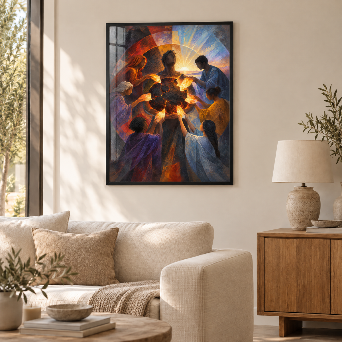 Die zerbrochene Sonne – Poster im schwarzen Holzrahmen im Wohnzimmer, ohne Weißrand.
