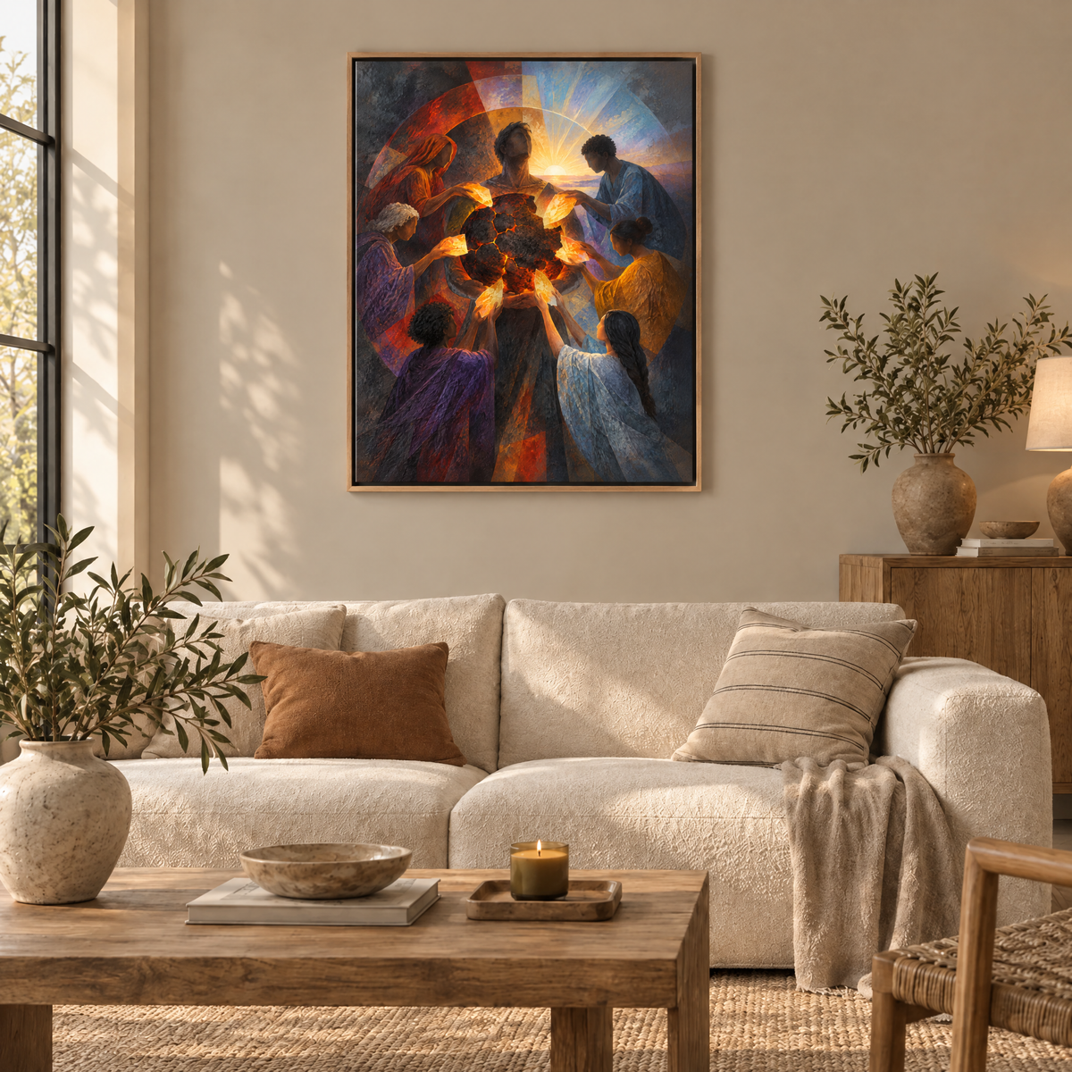 Die zerbrochene Sonne – Leinwand im Naturholz-Schattenfugenrahmen im Wohnzimmer, ohne Weißrand.