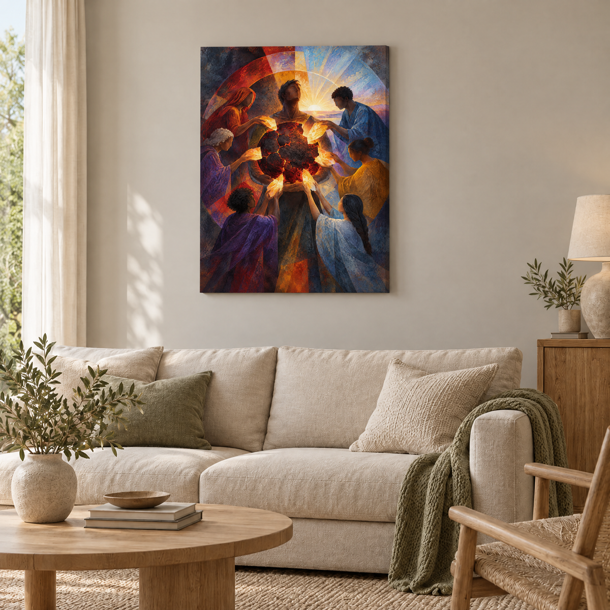 Die zerbrochene Sonne – Rahmenlose Slim-Leinwand im Wohnzimmer, ohne Weißrand.