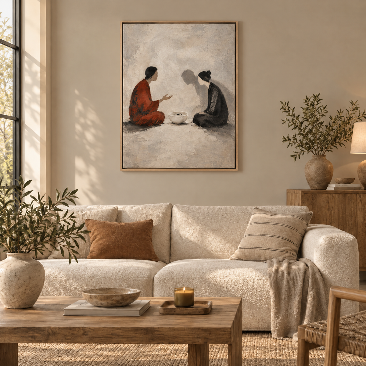 Die Schale der Stille – Leinwand im Naturholz-Schattenfugenrahmen im Wohnzimmer, ohne Weißrand.