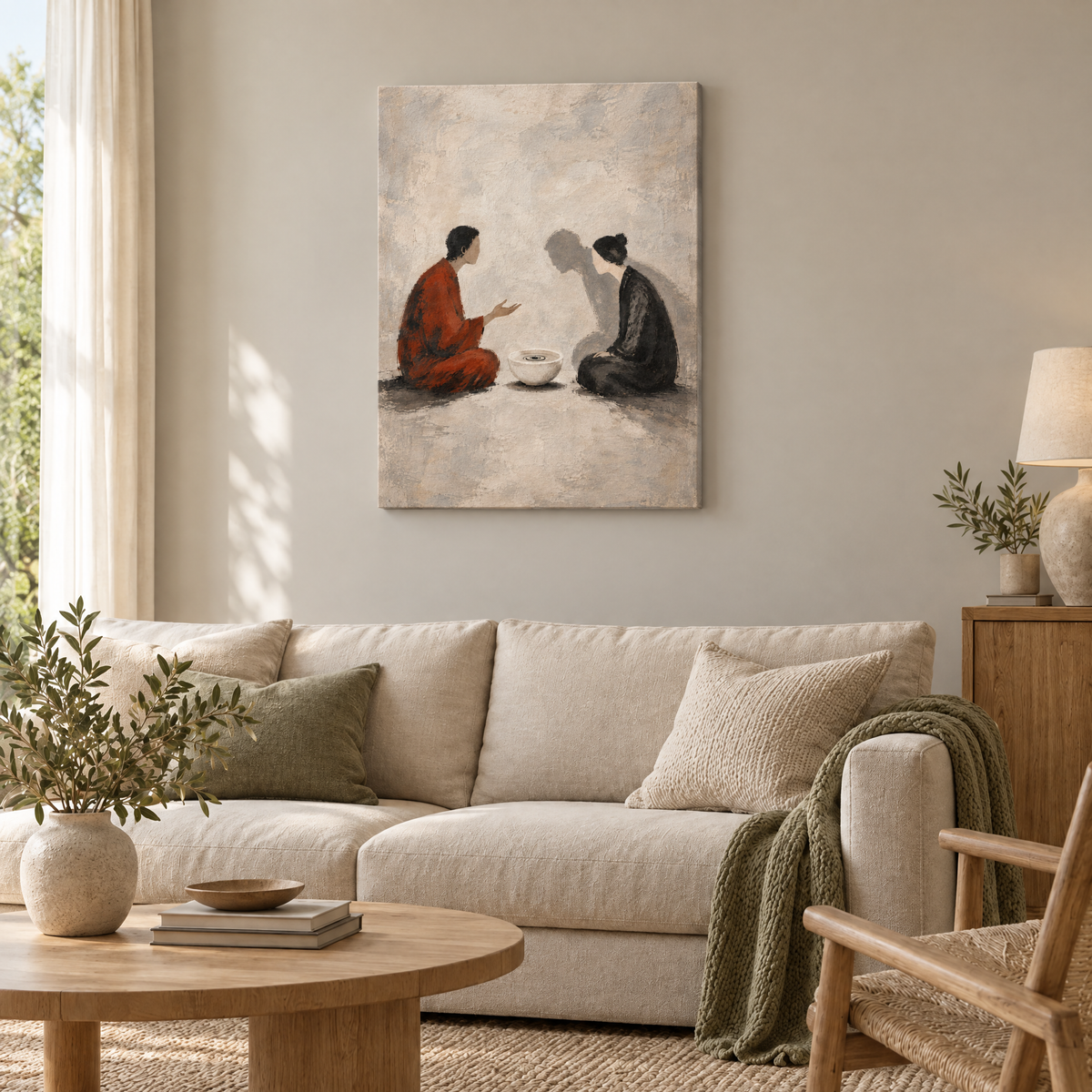 Die Schale der Stille – Rahmenlose Slim-Leinwand im Wohnzimmer, ohne Weißrand.