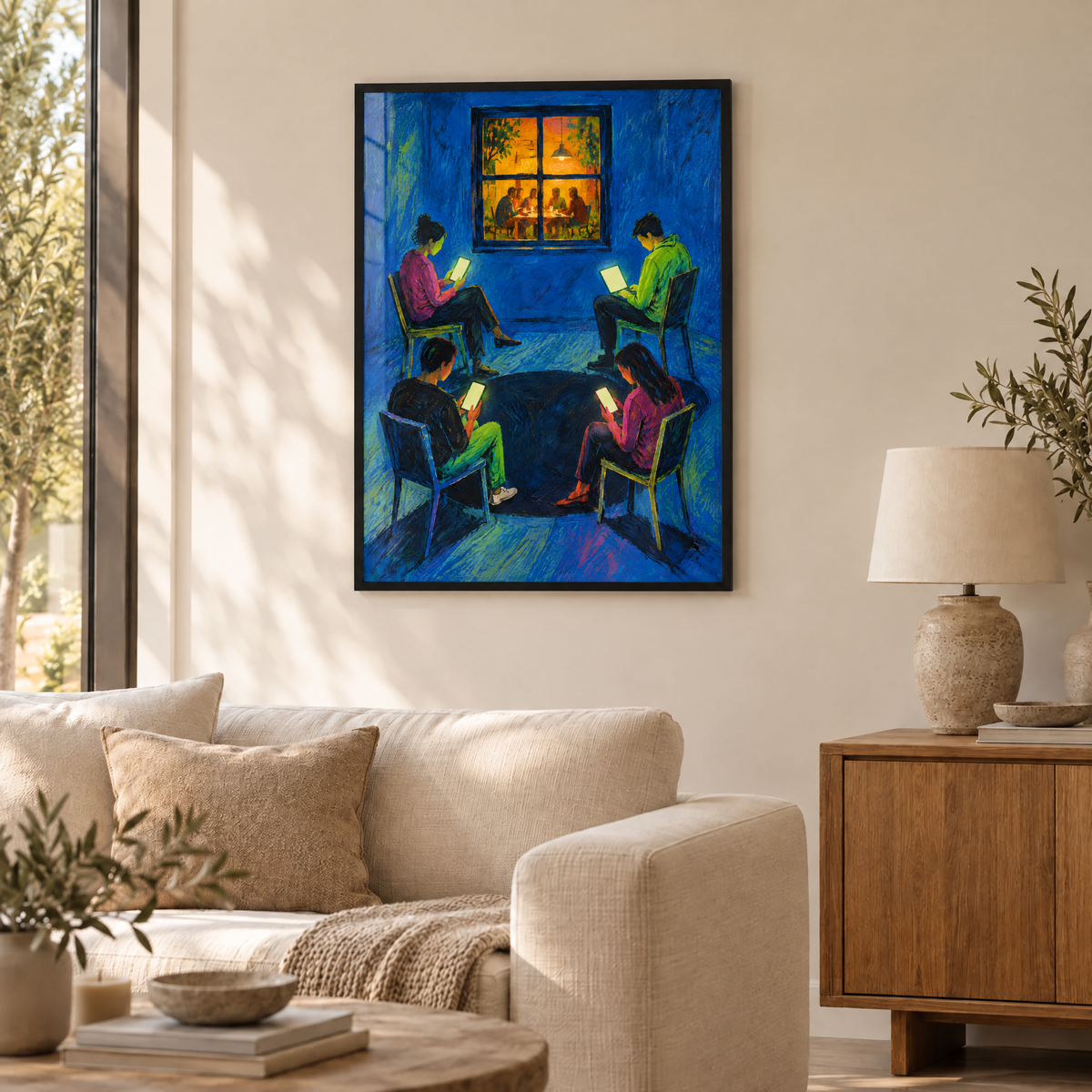 Das gemeinsame Zimmer – Poster im schwarzen Holzrahmen im Wohnzimmer, ohne Weißrand.
