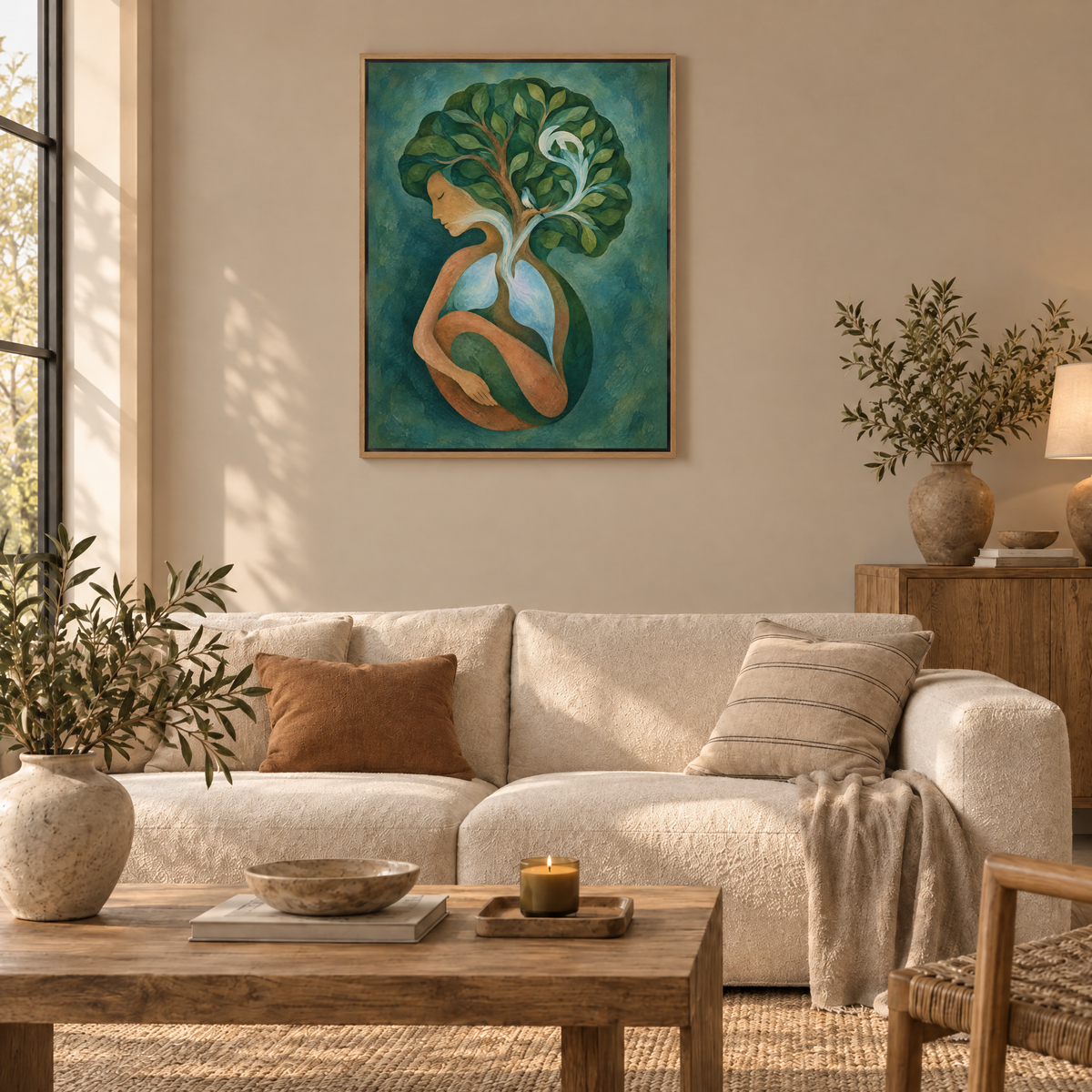 Der Atem des Waldes – Leinwand im Naturholz-Schattenfugenrahmen im Wohnzimmer, ohne Weißrand.
