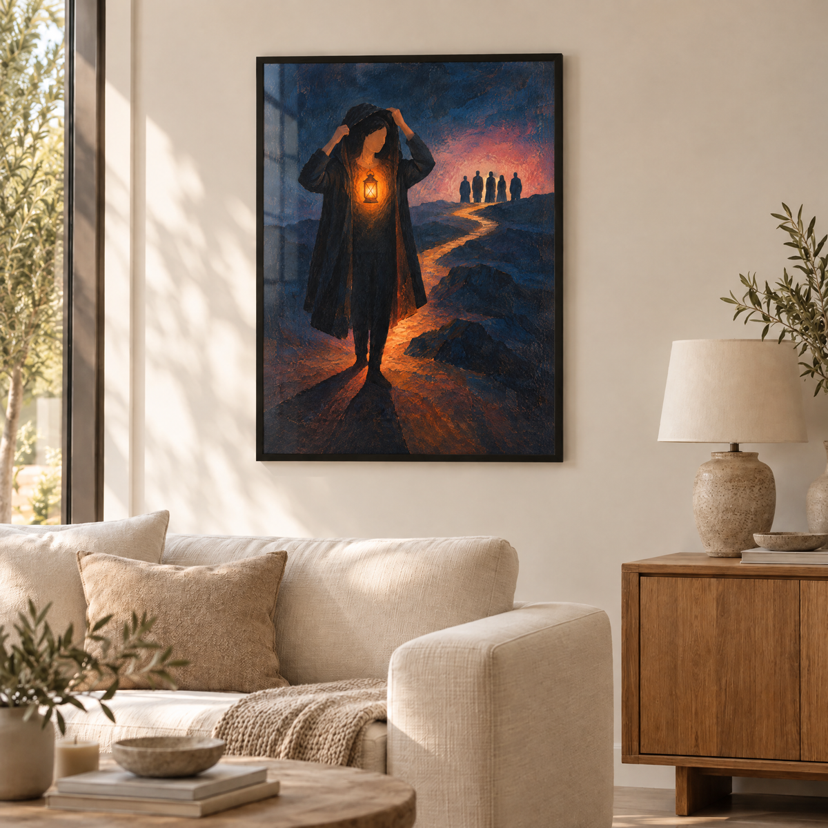Die Laterne im Inneren – Poster im schwarzen Holzrahmen im Wohnzimmer, ohne Weißrand.