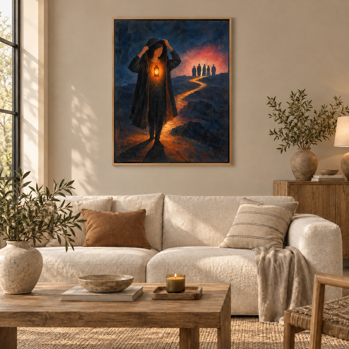 Die Laterne im Inneren – Leinwand im Naturholz-Schattenfugenrahmen im Wohnzimmer, ohne Weißrand.