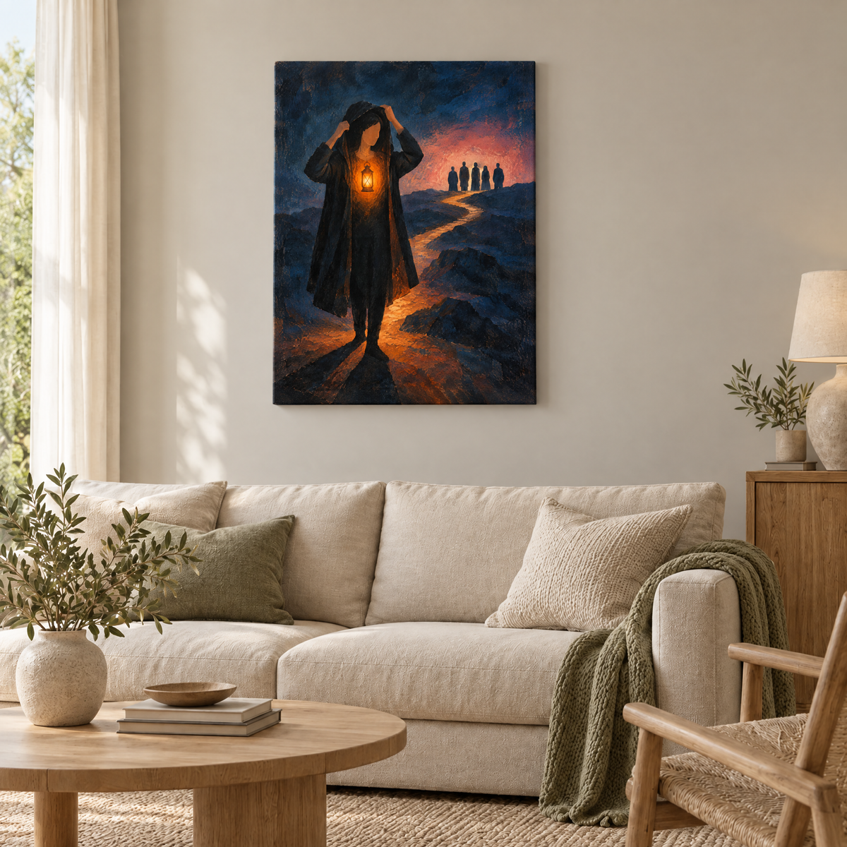Die Laterne im Inneren – Rahmenlose Slim-Leinwand im Wohnzimmer, ohne Weißrand.