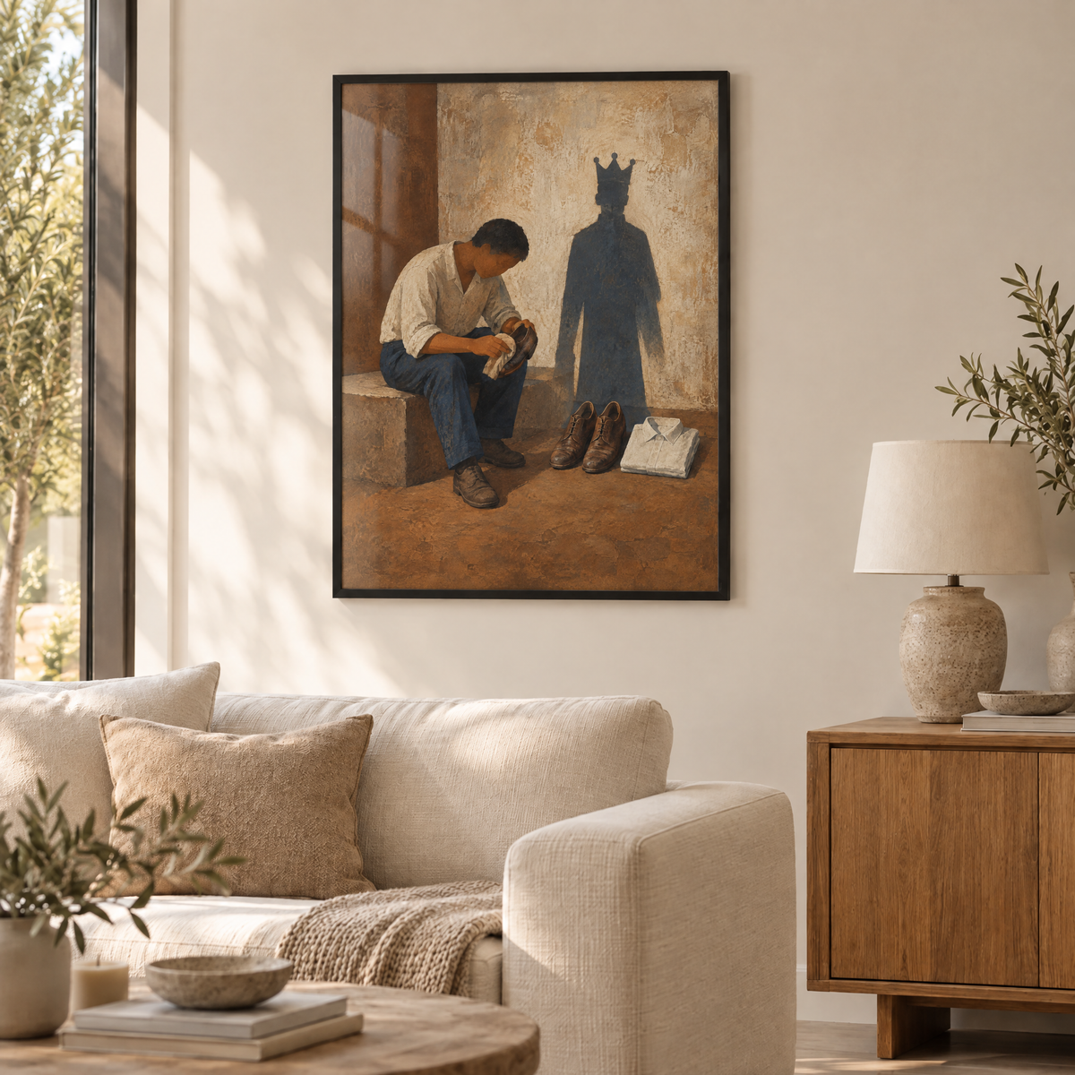 Die sauberen Schuhe – Poster im schwarzen Holzrahmen im Wohnzimmer, ohne Weißrand.