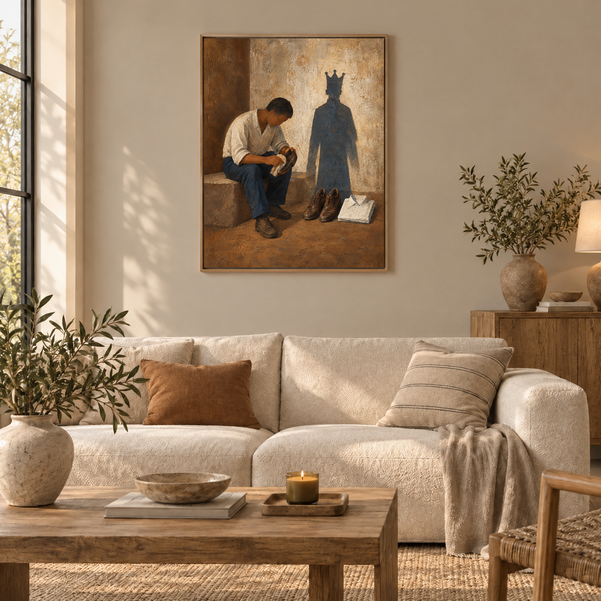 Die sauberen Schuhe – Leinwand im Naturholz-Schattenfugenrahmen im Wohnzimmer, ohne Weißrand.