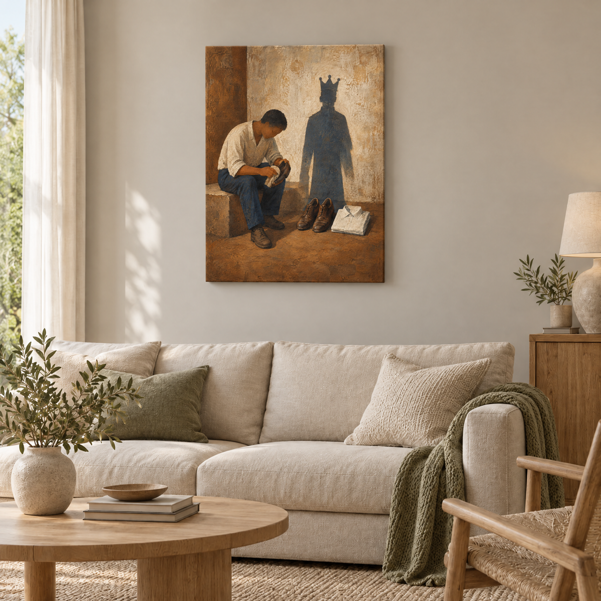 Die sauberen Schuhe – Rahmenlose Slim-Leinwand im Wohnzimmer, ohne Weißrand.