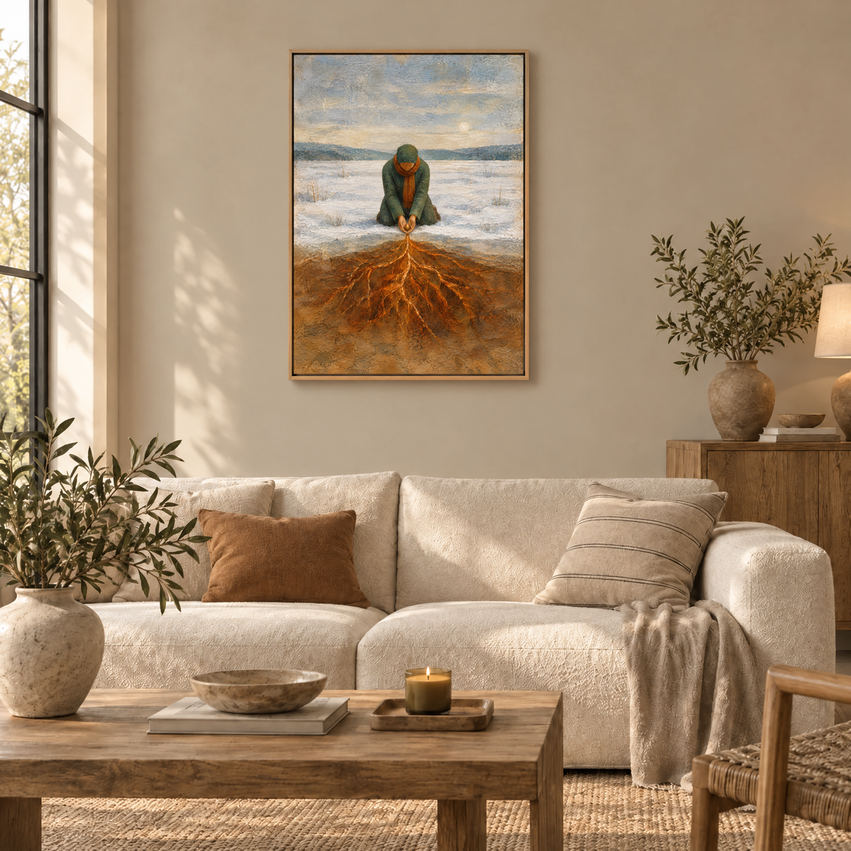 Der Garten unter dem Schnee – Leinwand im Naturholz-Schattenfugenrahmen im Wohnzimmer, ohne Weißrand.