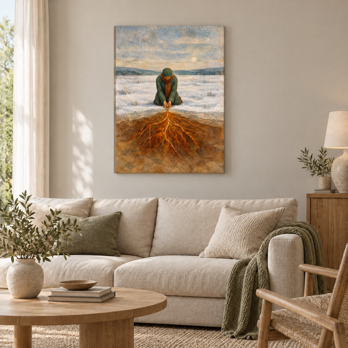 Der Garten unter dem Schnee – Rahmenlose Slim-Leinwand im Wohnzimmer, ohne Weißrand.