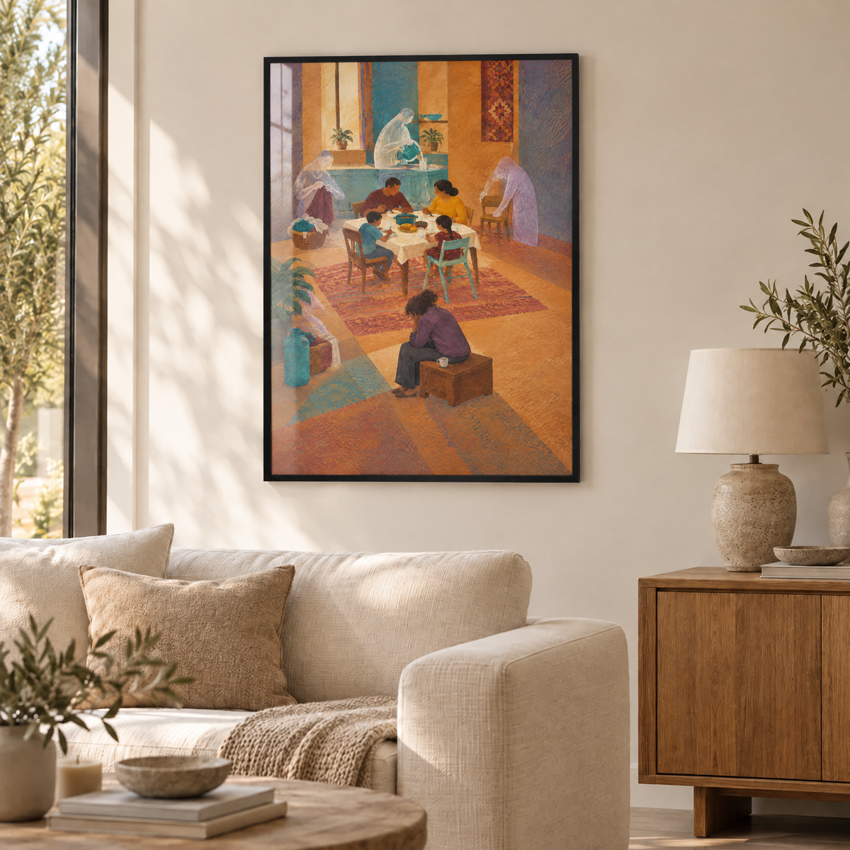 Die unsichtbaren Hände – Poster im schwarzen Holzrahmen im Wohnzimmer, ohne Weißrand.