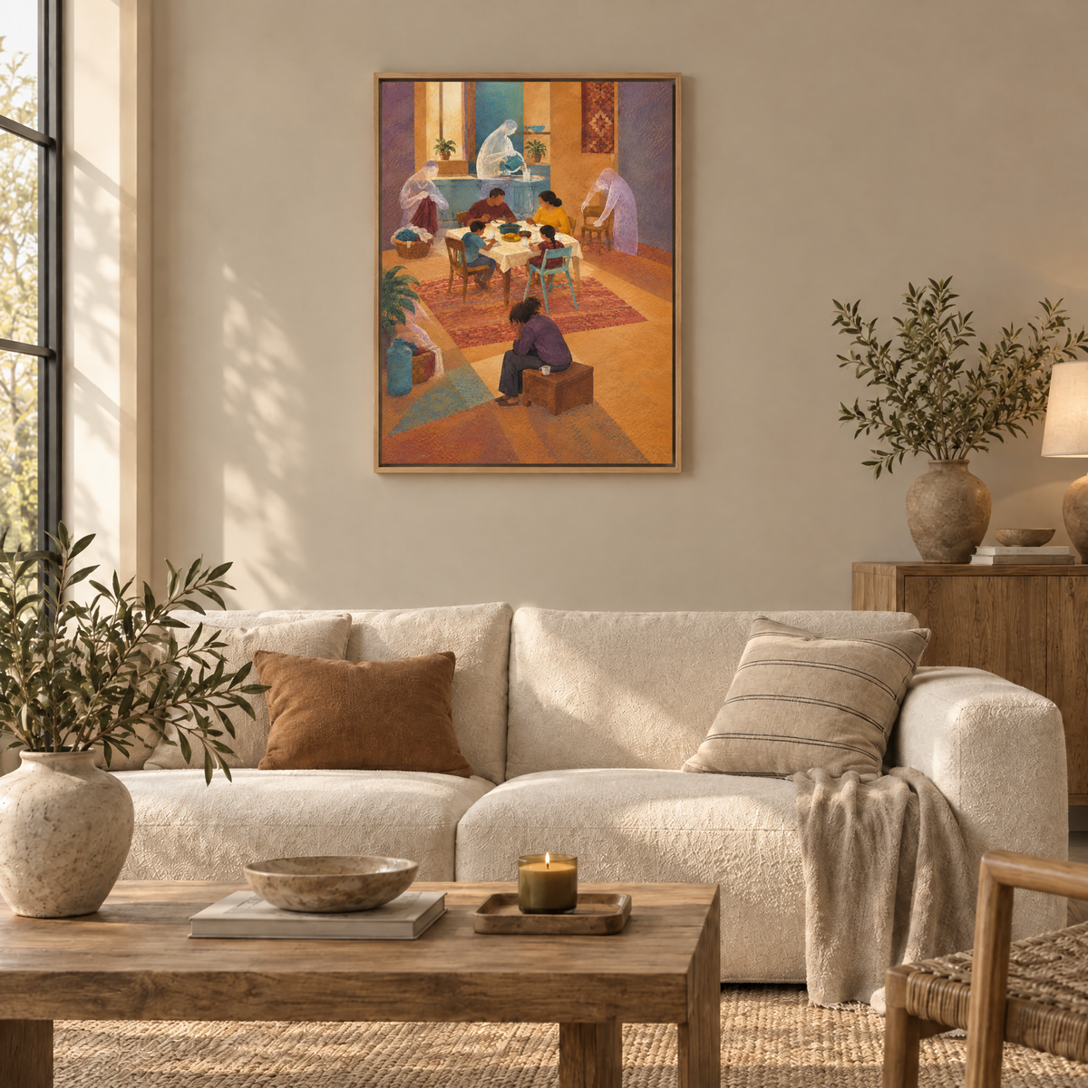 Die unsichtbaren Hände – Leinwand im Naturholz-Schattenfugenrahmen im Wohnzimmer, ohne Weißrand.