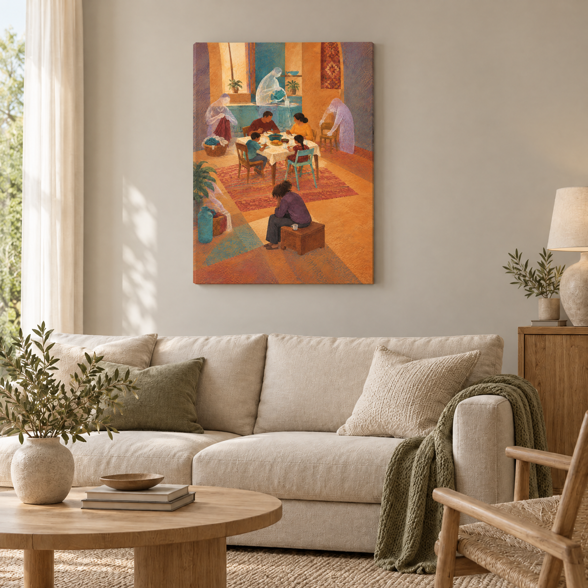 Die unsichtbaren Hände – Rahmenlose Slim-Leinwand im Wohnzimmer, ohne Weißrand.