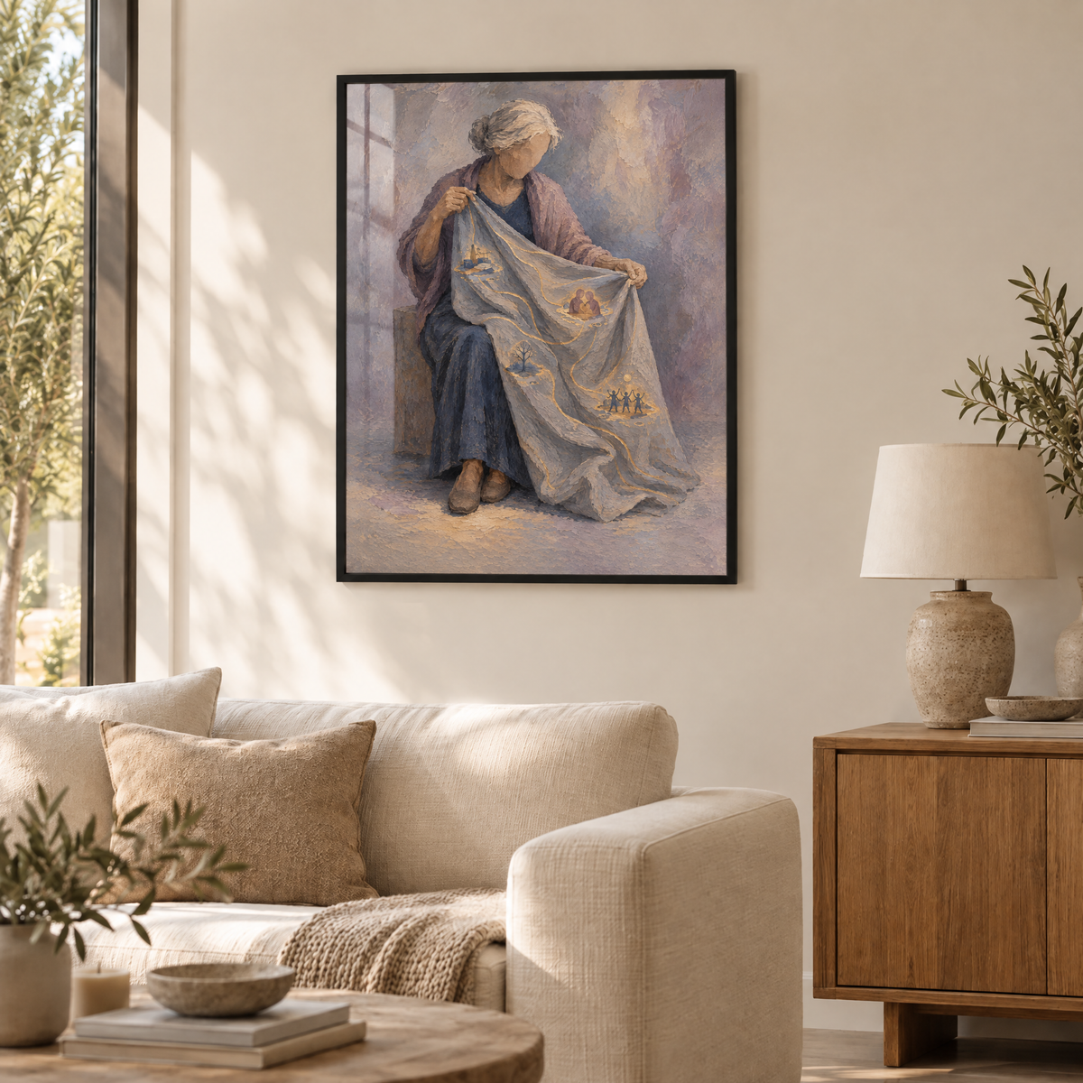 Die goldenen Falten – Poster im schwarzen Holzrahmen im Wohnzimmer, ohne Weißrand.