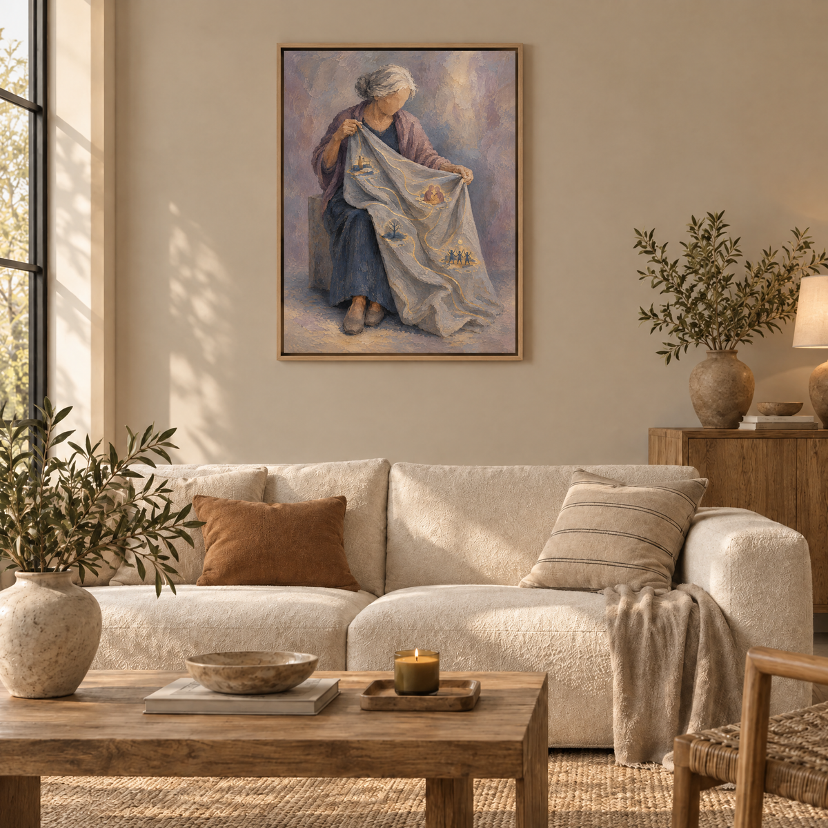 Die goldenen Falten – Leinwand im Naturholz-Schattenfugenrahmen im Wohnzimmer, ohne Weißrand.
