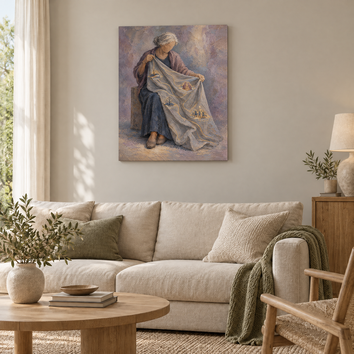 Die goldenen Falten – Rahmenlose Slim-Leinwand im Wohnzimmer, ohne Weißrand.