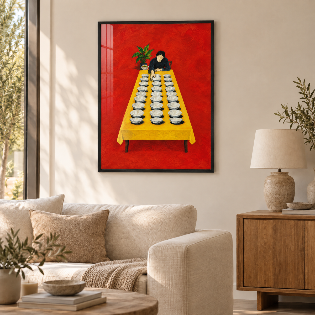 Der Tisch, der nie satt wird – Poster im schwarzen Holzrahmen im Wohnzimmer, ohne Weißrand.