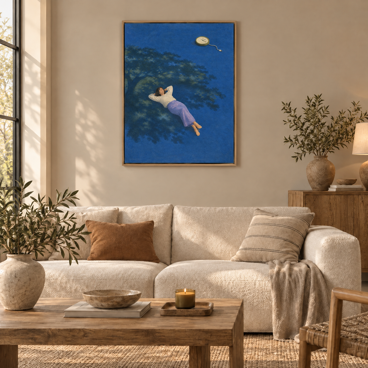 Der Tag ohne Uhr – Leinwand im Naturholz-Schattenfugenrahmen im Wohnzimmer, ohne Weißrand.