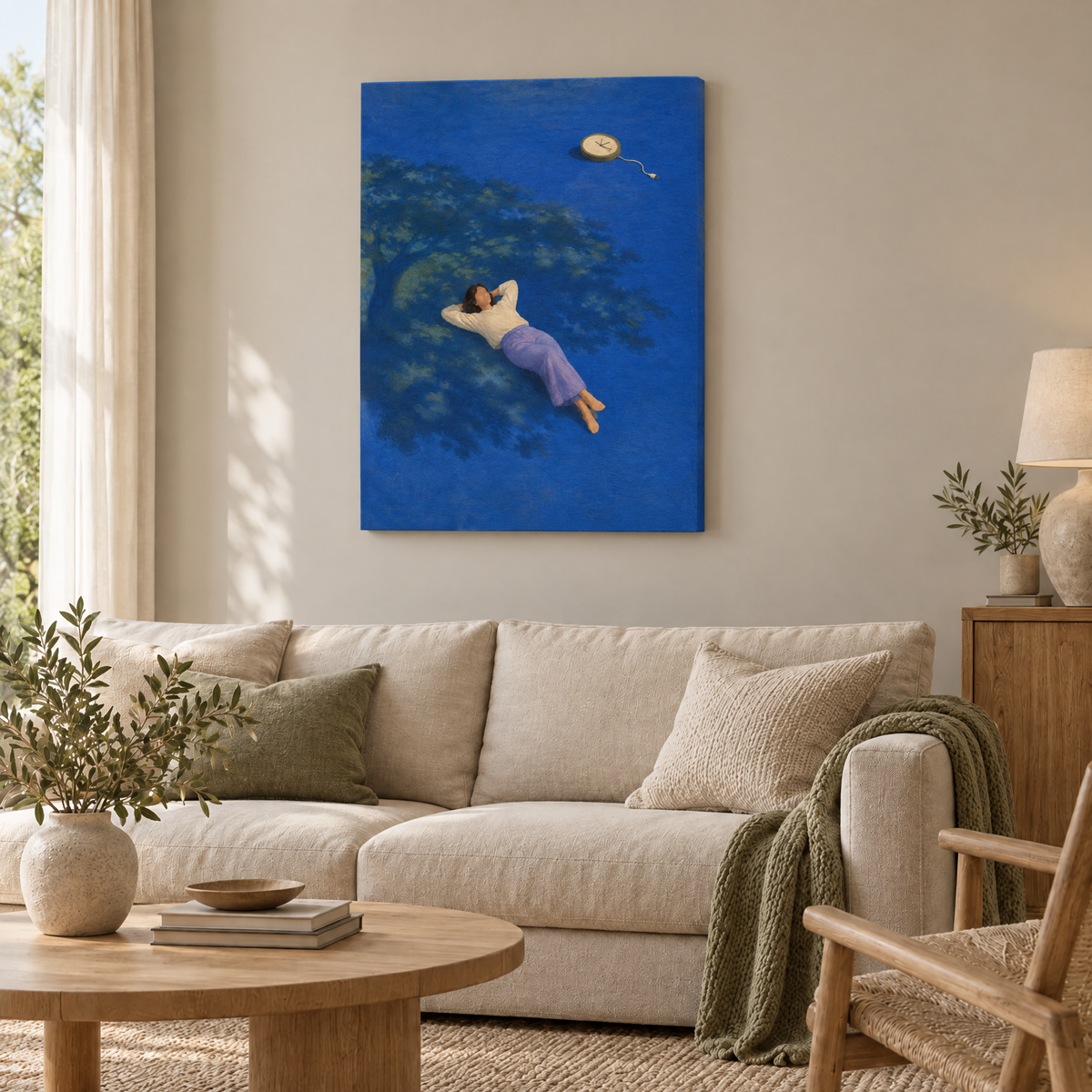 Der Tag ohne Uhr – Rahmenlose Slim-Leinwand im Wohnzimmer, ohne Weißrand.