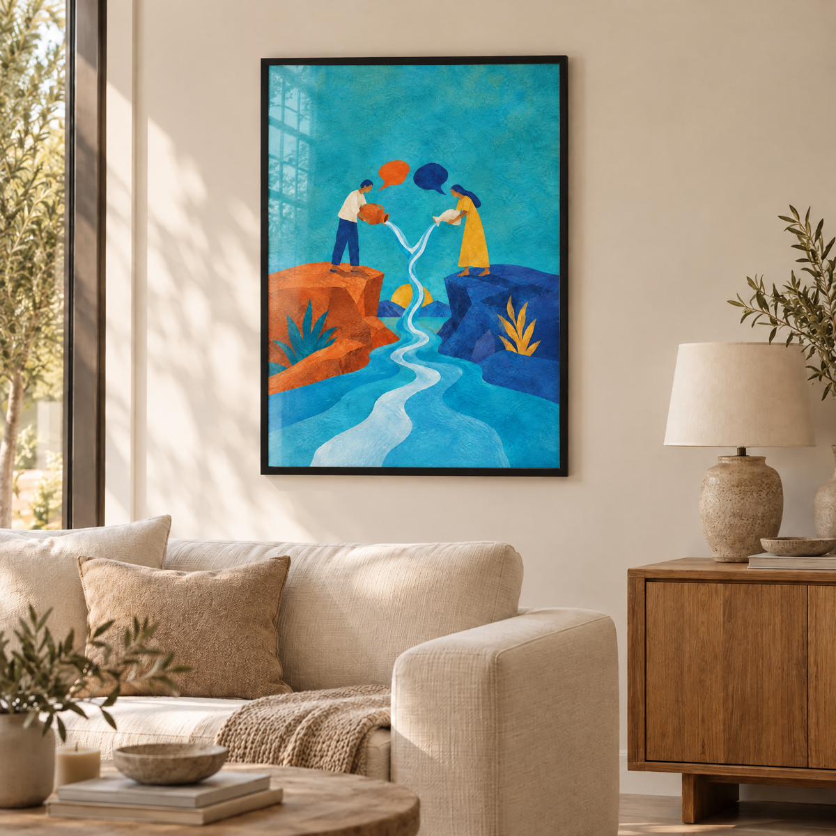Zwei Sprachen, ein Wasser – Poster im schwarzen Holzrahmen im Wohnzimmer, ohne Weißrand.