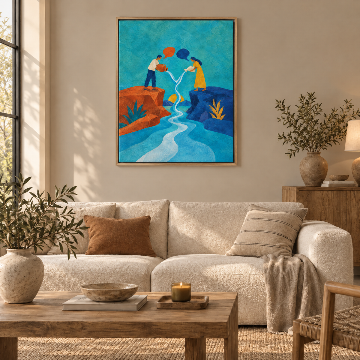 Zwei Sprachen, ein Wasser – Leinwand im Naturholz-Schattenfugenrahmen im Wohnzimmer, ohne Weißrand.