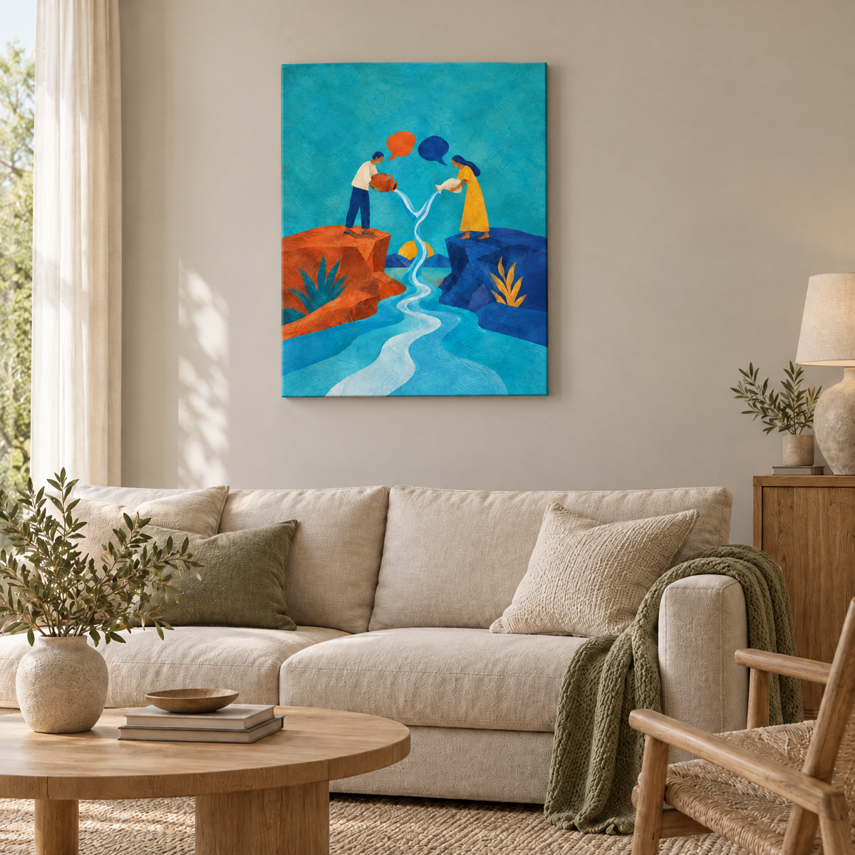 Zwei Sprachen, ein Wasser – Rahmenlose Slim-Leinwand im Wohnzimmer, ohne Weißrand.