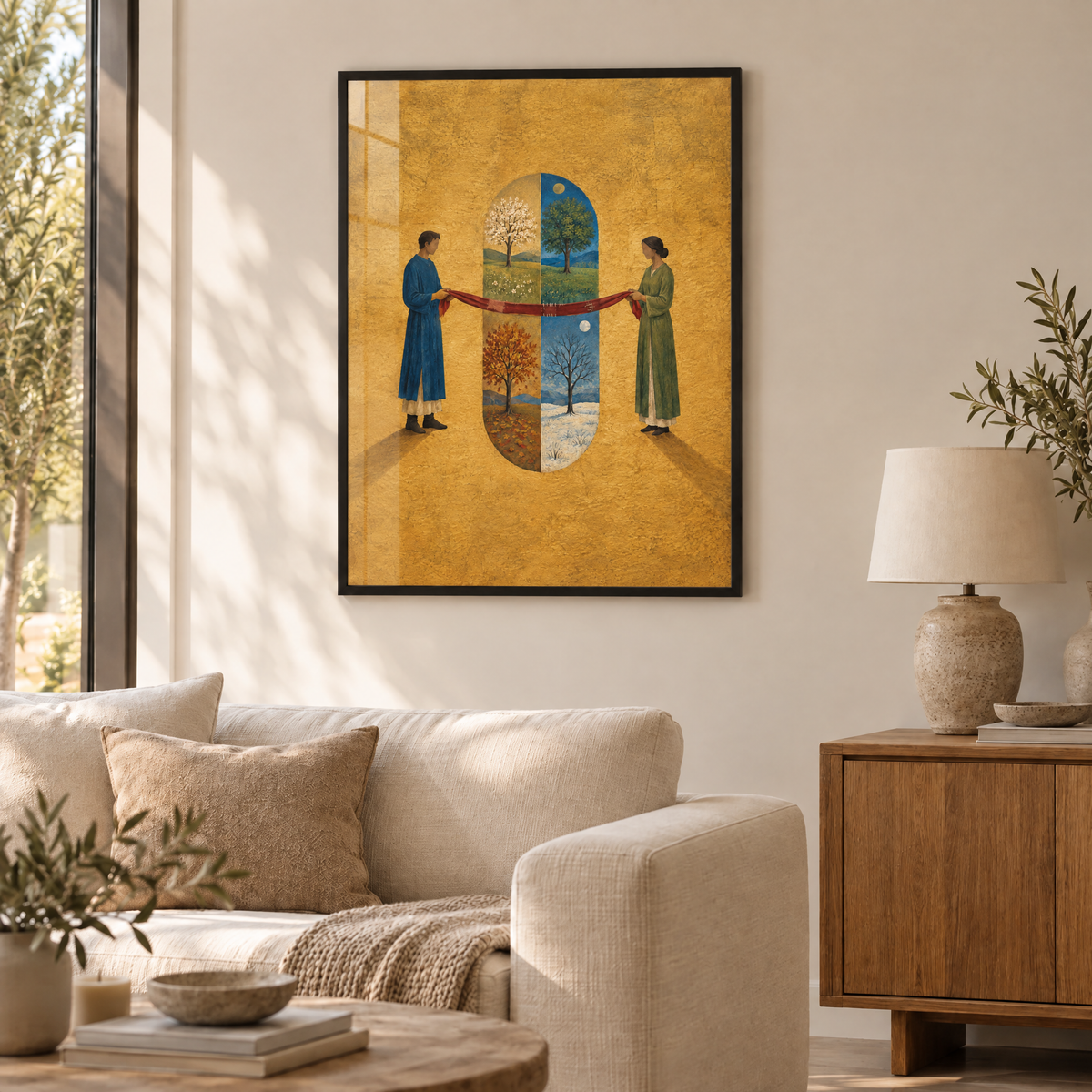 Das rote Band – Poster im schwarzen Holzrahmen im Wohnzimmer, ohne Weißrand.