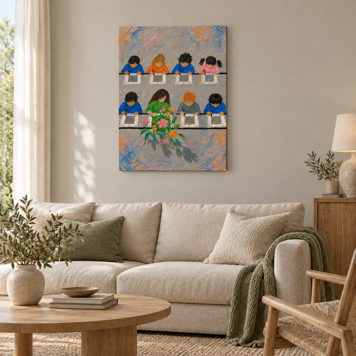 Das Kind hinter der Linie – Rahmenlose Slim-Leinwand im Wohnzimmer, ohne Weißrand.