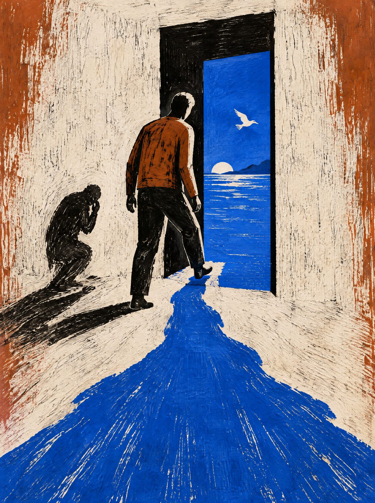 Der erste Schritt ins Dunkel – Kunstmotiv ohne Rahmen.