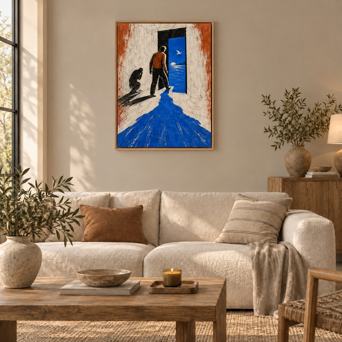 Der erste Schritt ins Dunkel – Leinwand im Naturholz-Schattenfugenrahmen im Wohnzimmer, ohne Weißrand.