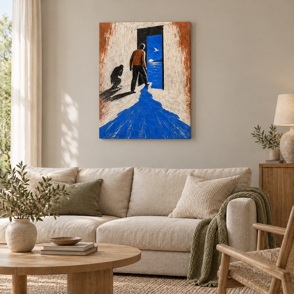 Der erste Schritt ins Dunkel – Rahmenlose Slim-Leinwand im Wohnzimmer, ohne Weißrand.