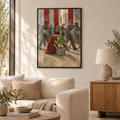 Die Frau, die stehen blieb – Poster im schwarzen Holzrahmen im Wohnzimmer, ohne Weißrand.