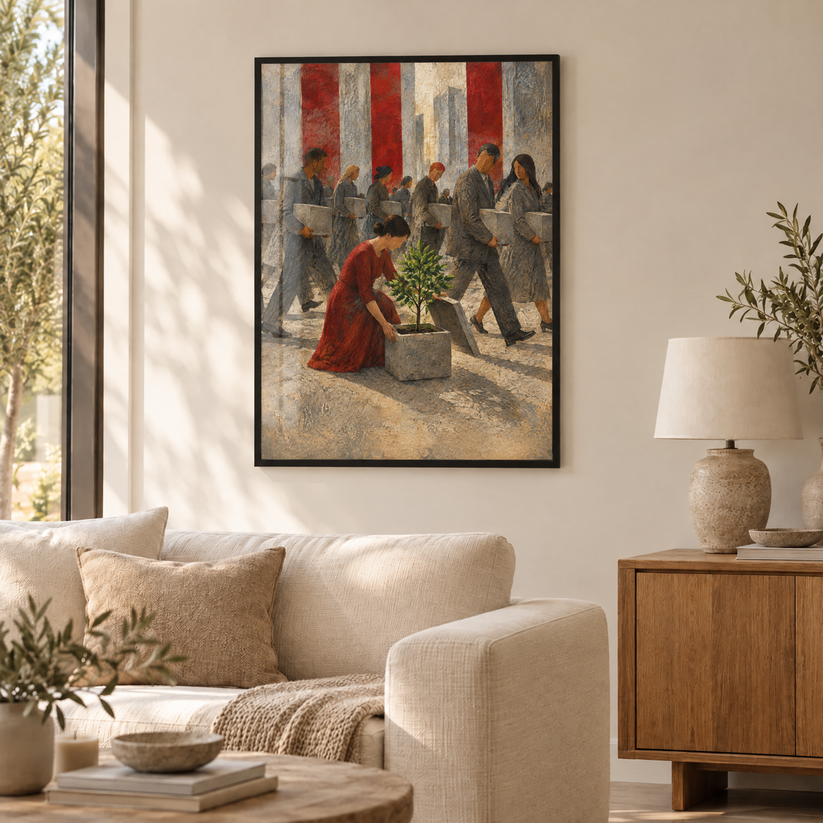 Die Frau, die stehen blieb – Poster im schwarzen Holzrahmen im Wohnzimmer, ohne Weißrand.