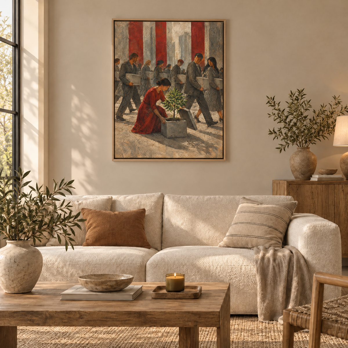 Die Frau, die stehen blieb – Leinwand im Naturholz-Schattenfugenrahmen im Wohnzimmer, ohne Weißrand.