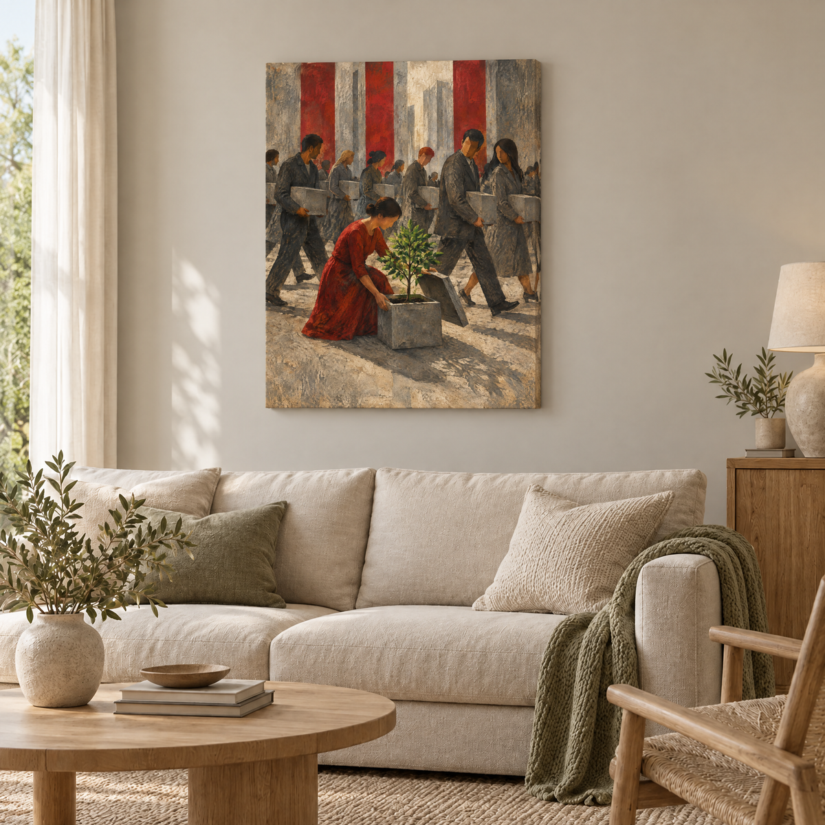 Die Frau, die stehen blieb – Rahmenlose Slim-Leinwand im Wohnzimmer, ohne Weißrand.